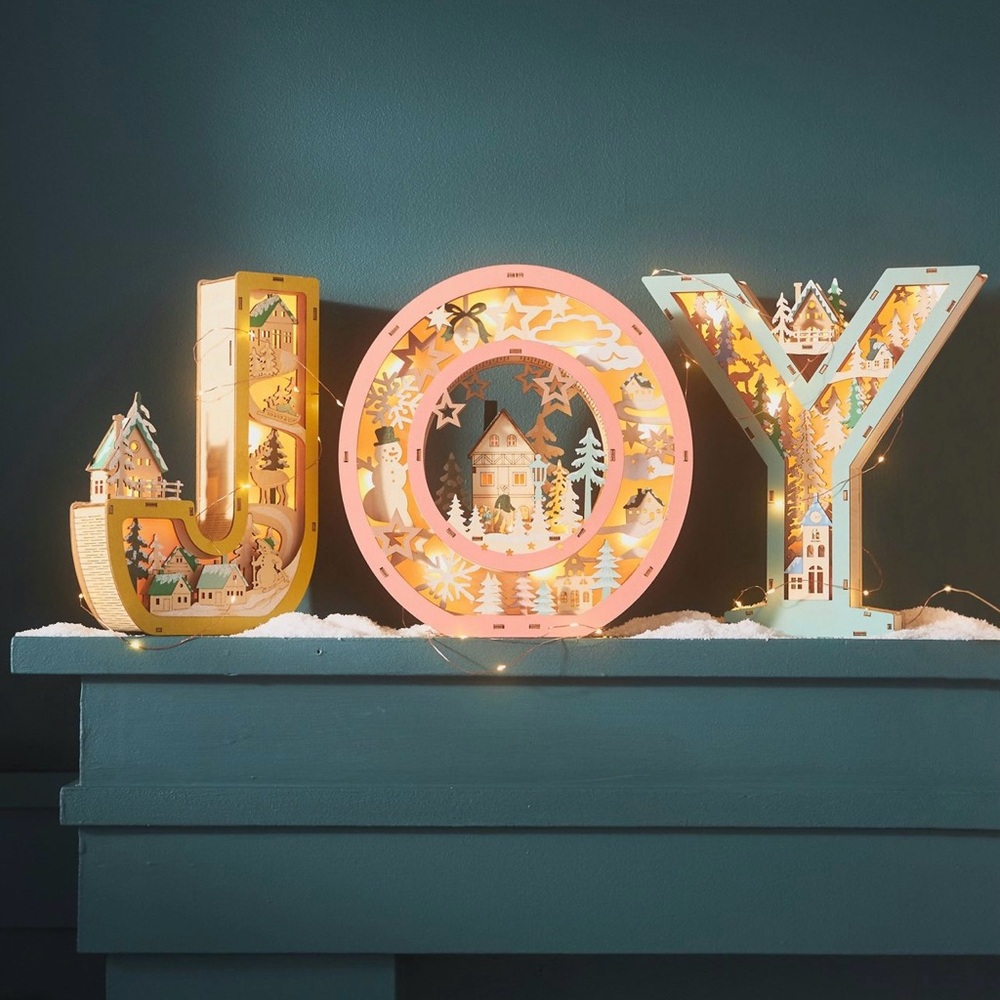Anthropologie Wonderland Scene Set Monogram Wooden Light-up “Joy” NEW